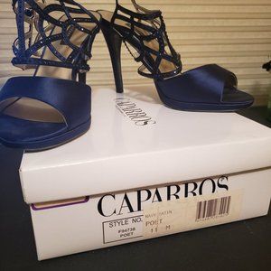 Caparros Navy Satin Poet Heels and Sparkling Shiny Navy Blue Clutch